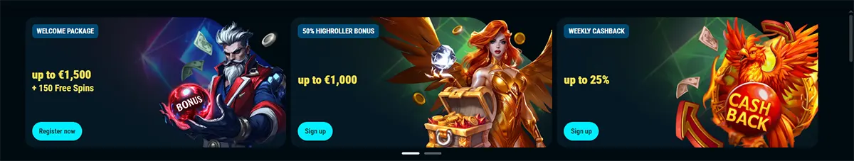 Casino promotions carousel featuring three bonus banners: a welcome package offering up to €1,500 and 150 free spins with a fantasy character holding a glowing bonus orb, a 50% highroller bonus up to €1,000 shown with a golden winged figure and treasure chest, and a weekly cashback offer up to 25% illustrated by a fiery phoenix and cash-back emblem.