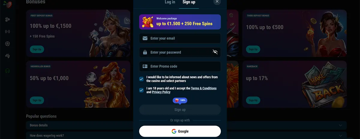 Sign-up modal window on a dark-themed online casino website showing a welcome package banner offering up to €1,500 plus 250 free spins, with input fields for email, password, and promo code, consent checkboxes for marketing and terms acceptance, a disabled sign-up button, and an option to register using Google, while bonus cards are visible blurred in the background.